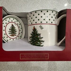 Spode Red Christmas Tree Mug and Coaster Set